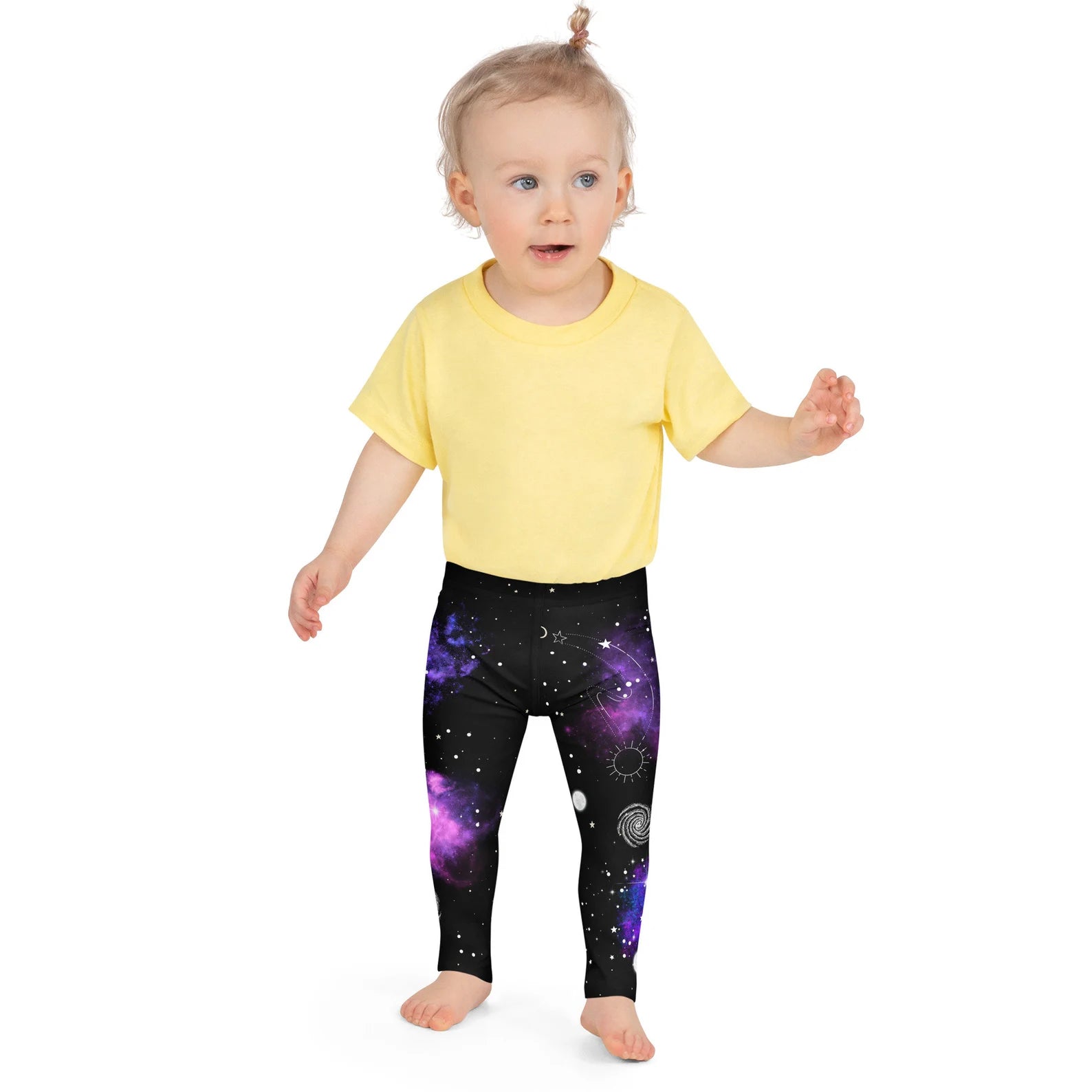 Kids nebula galaxy buttery soft black leggings with vibrant purple cosmic nebulae stars and celestial symbols design