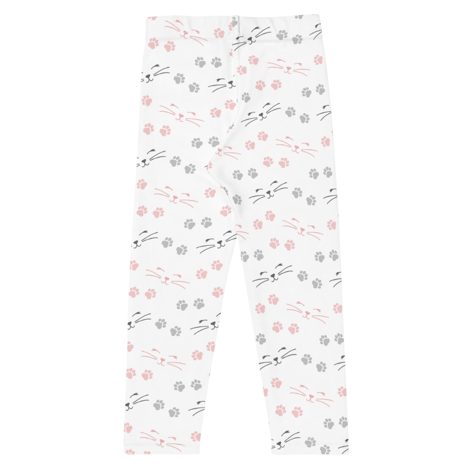Girls paw print cat leggings are white with a playful pattern of pink and gray cat faces whiskers and paw prints