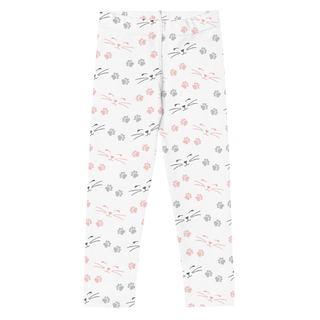 Girls paw print cat leggings in white featuring a playful pink and gray cat face pattern with whiskers and paw prints