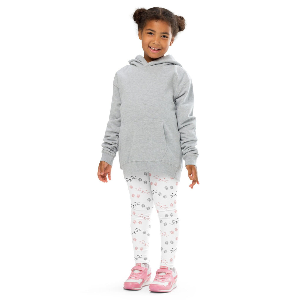 Gray hooded sweatshirt with front pocket and long sleeves paired with girls paw print cat leggings