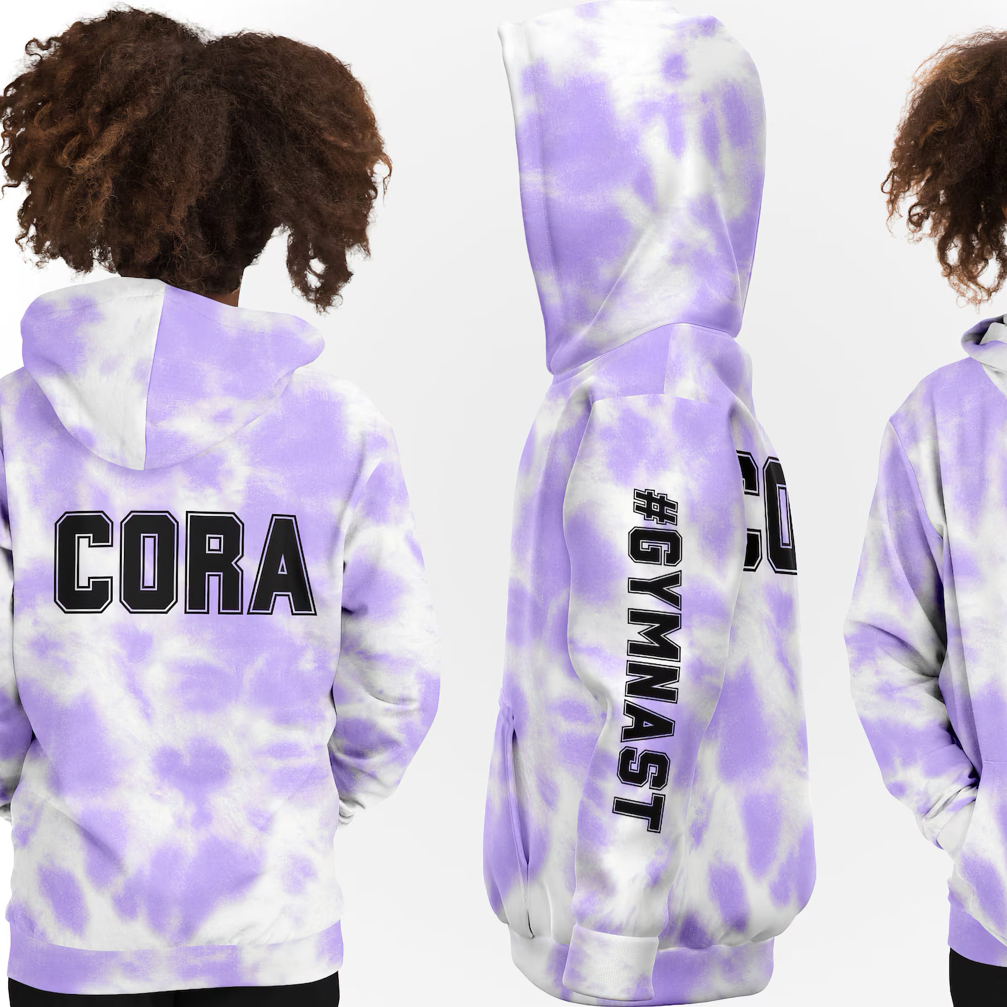 Back of a girls customizable lavender and white tie dye hoodie with black cora and gymnastic 30 lettering in cozy fleece