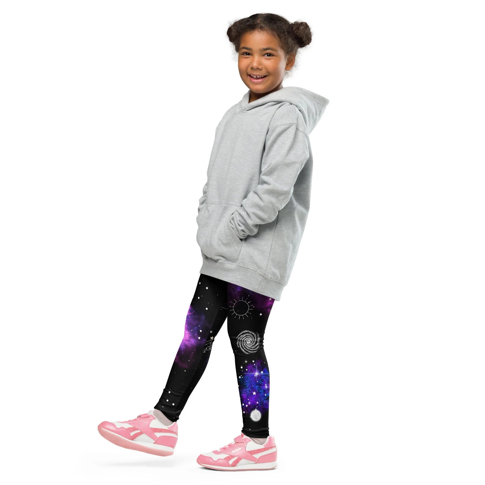 Gray hooded sweatshirt with front pockets and drawstring hood worn over kids nebula galaxy buttery soft leggings