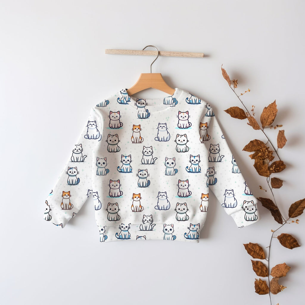 Girls Cat Pattern Sweatshirt – Cozy Cotton Fleece or Lightweight Sports Fabric