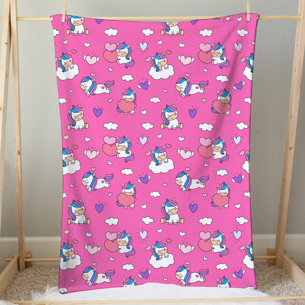 Girls unicorn hearts blanket pink fleece with cartoon unicorns blue purple manes floating on clouds and hearts pattern