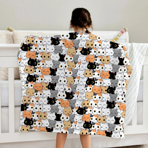 Girls cat face blanket cozy blanket with playful cartoon cats pattern in black white gray and orange colors