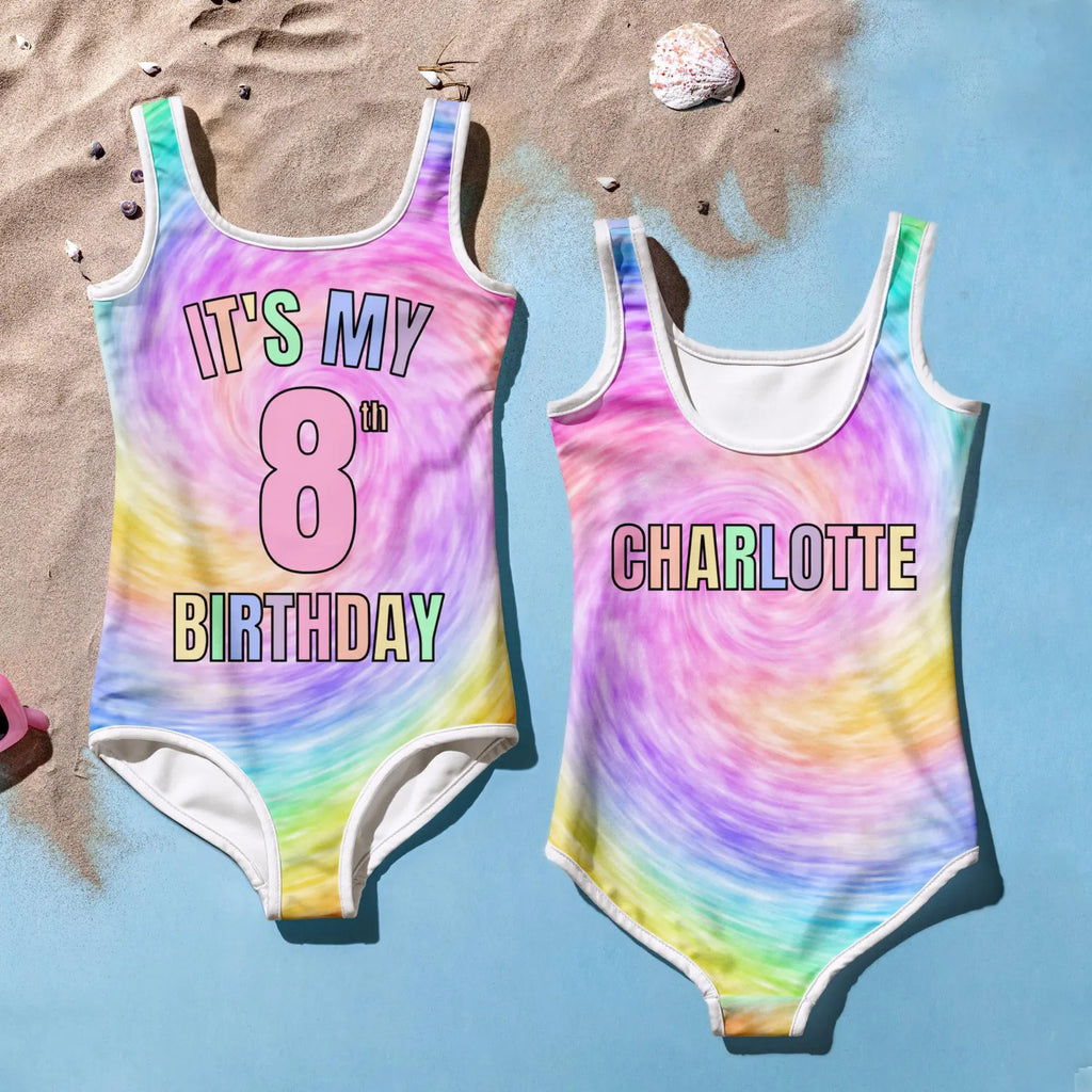 Two girls custom age and name it’s my birthday rainbow tie dye one-piece swimsuits with white trim and colorful swirls