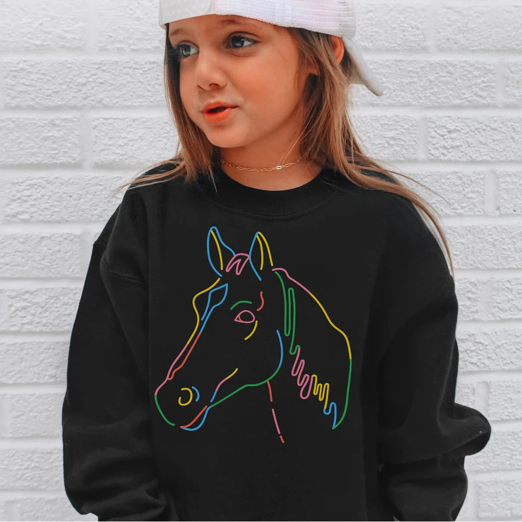 Black kids sweatshirt with a vibrant neon rainbow horse head outline cozy and colorful for horse lovers