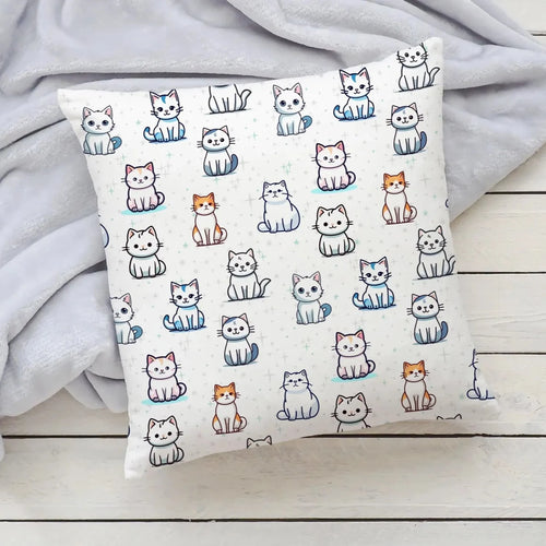White square girls cat pattern pillow with playful multicolor cartoon cats on a soft fabric cover