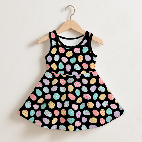 Girls colorful easter eggs black sleeveless dress with flared skirt and pastel pink blue yellow purple egg patterns