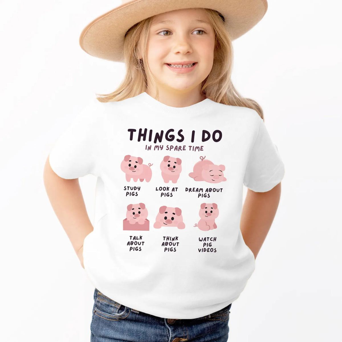 Kids Things I Do In My Spare Time Pig T-Shirt - Soft Lightweight Cotton Tee