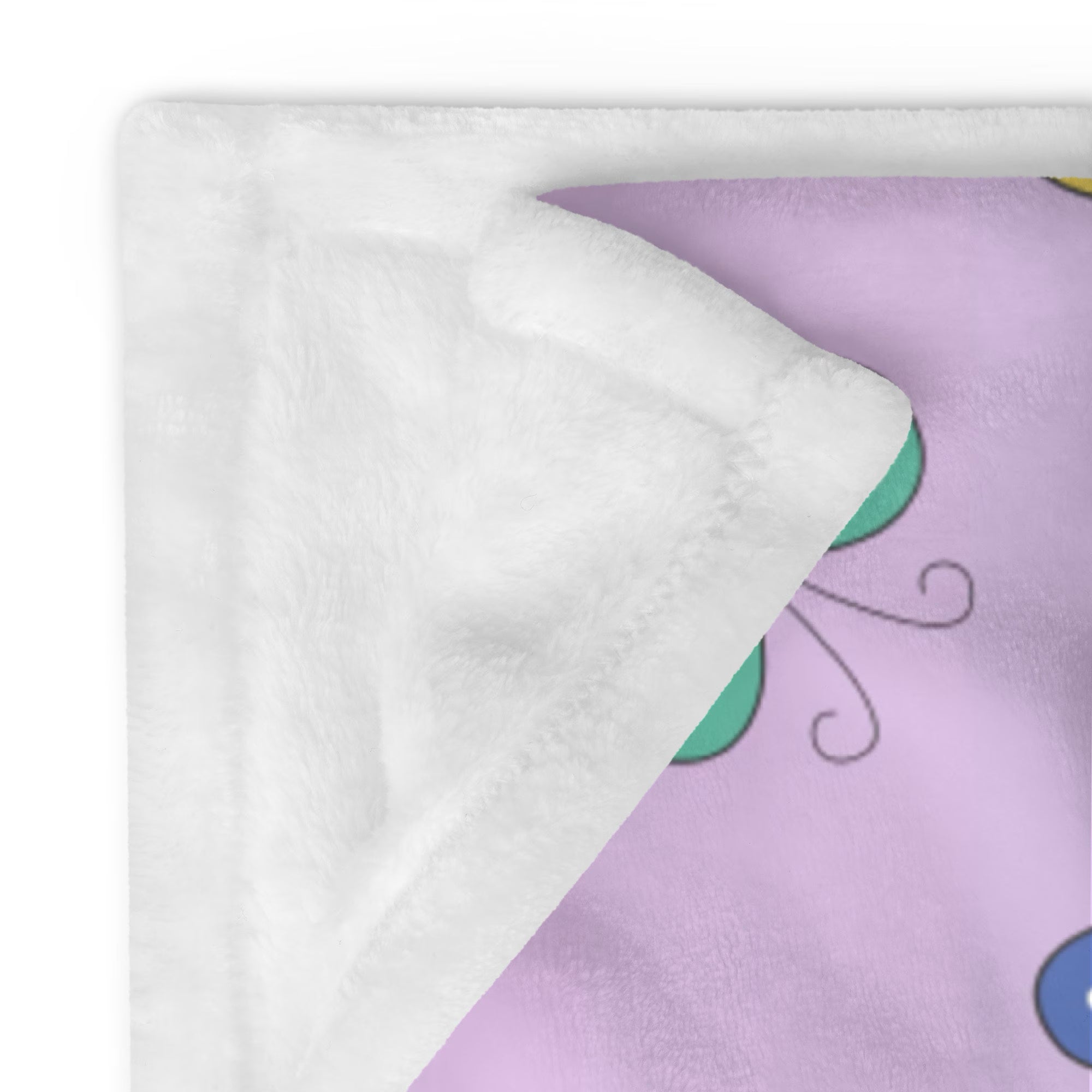 A girls colorful butterflies blanket plush lavender with soft white fleece lining and teal purple cartoon butterfly design