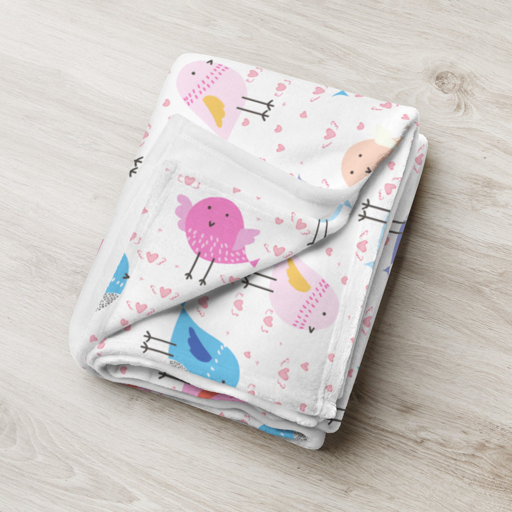 Girls colorful birds blanket soft white material with playful pink blue and peach cartoon bird and heart pattern