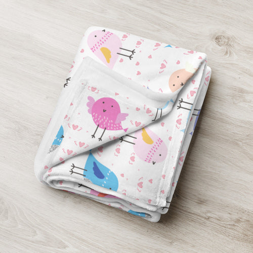 Girls colorful birds blanket soft white material with playful pink blue and peach cartoon bird and heart pattern