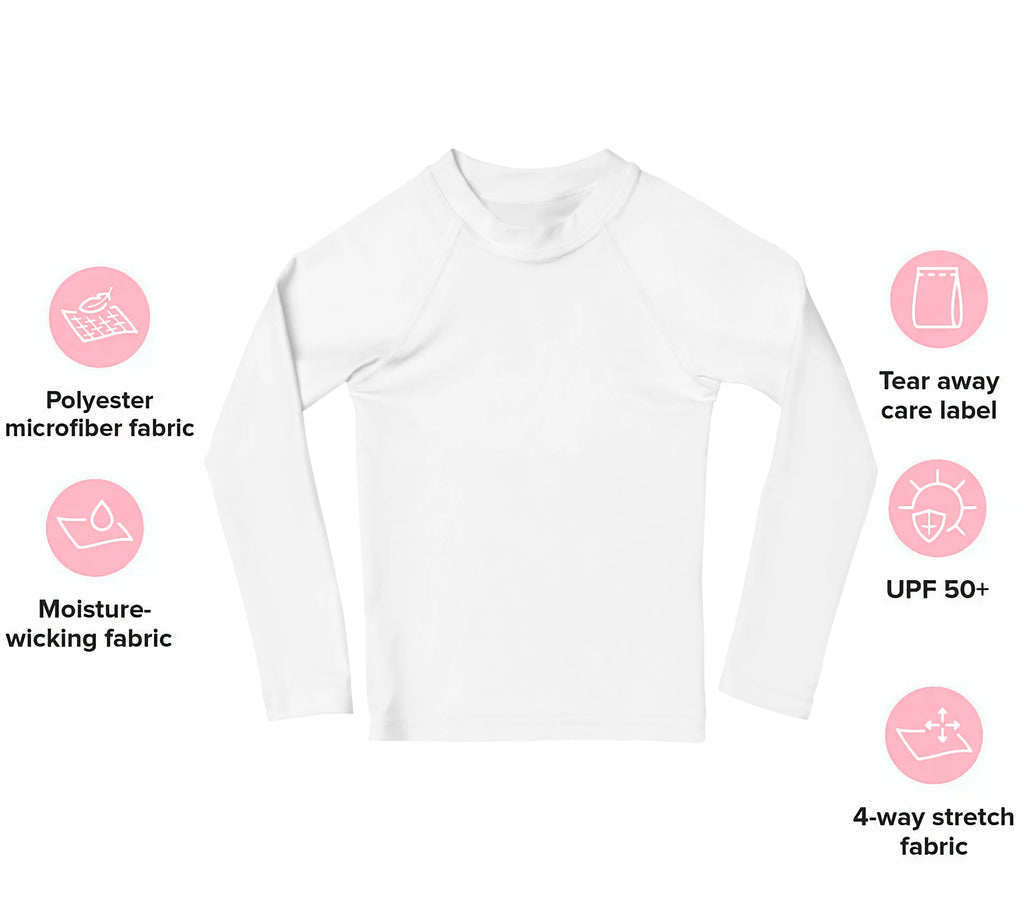 White girls floral dinosaur long sleeve rash guard swim shirt made of polyester microfiber with upf 50 plus