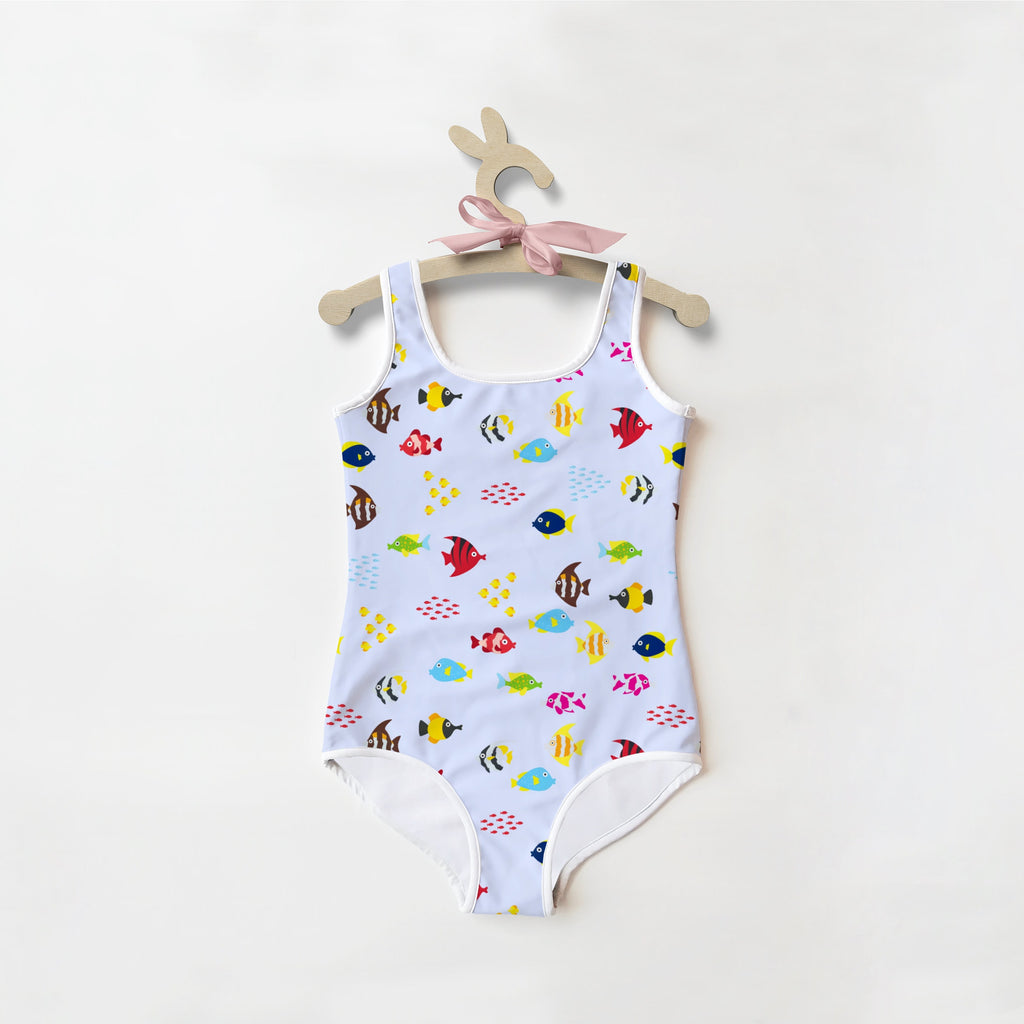 Girls tropical fish buttery soft light blue one-piece swimsuit with colorful cartoon fish pattern and white trim with UPF 50+