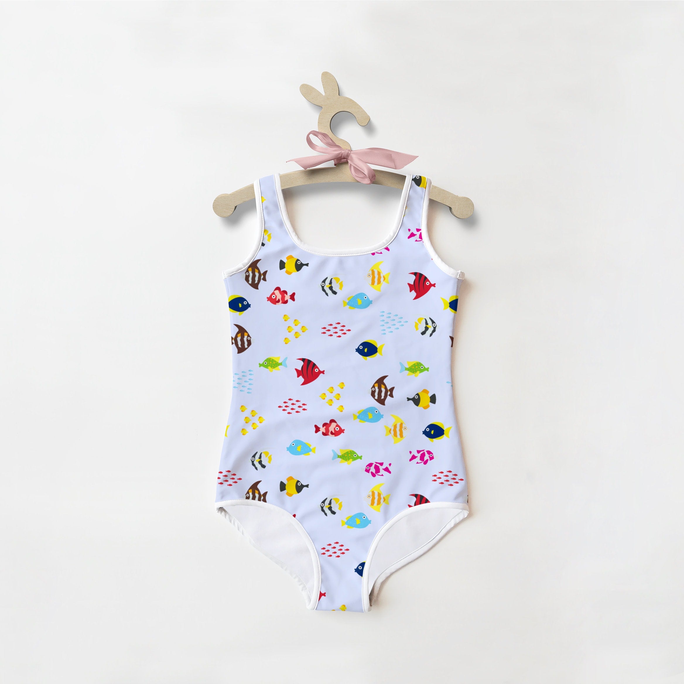 Girls tropical fish buttery soft light blue one-piece swimsuit with colorful cartoon fish pattern and white trim with UPF 50+