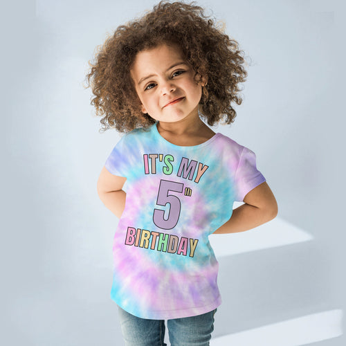 A vibrant pastel blue purple and pink faux tie dye toddler t-shirt with its my 5th birthday text for girls