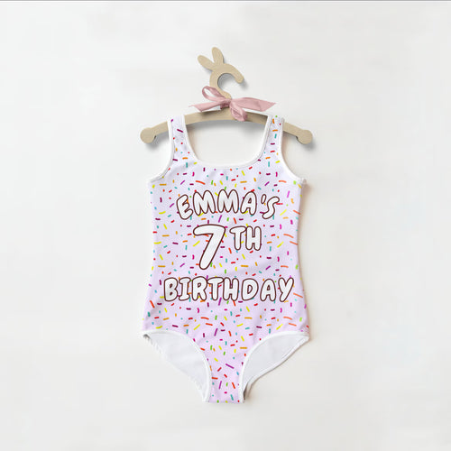 Custom Girls Swimsuit With Name & Age - Colorful Sprinkles Design 