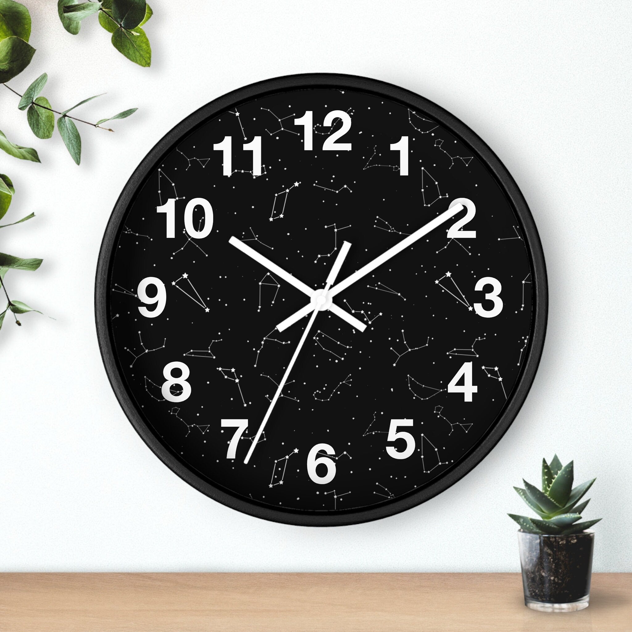 Kids realistic constellations silent wood wall clock black with white numerals and constellation patterns on starry background