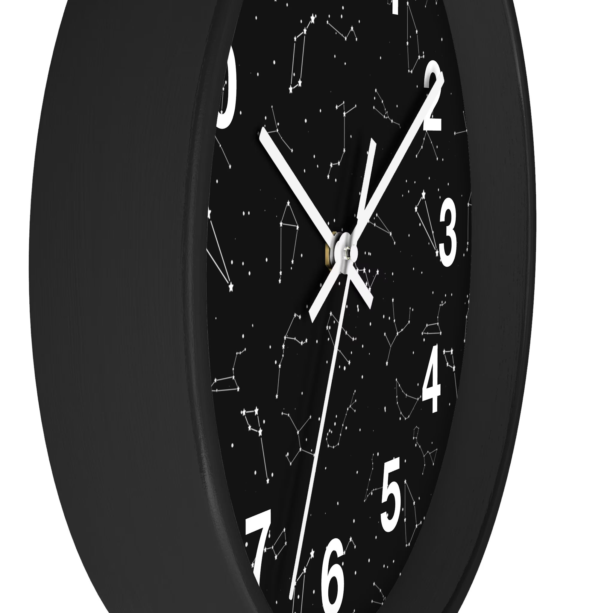 Kids realistic constellations silent wood wall clock black with white numerals and constellation patterns on starry background