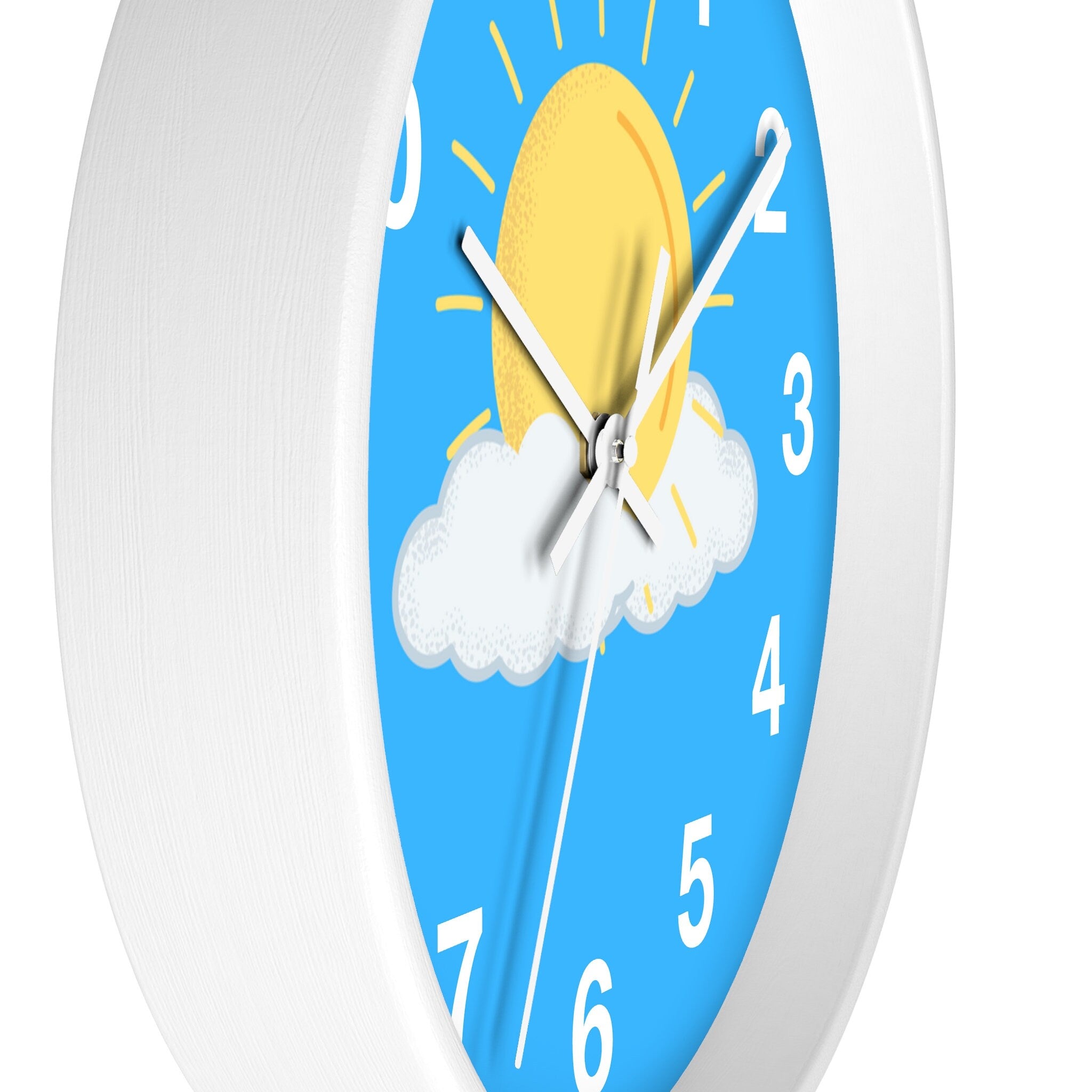 White-framed wood wall clock with bright blue face featuring yellow sun, white cloud, and bold white numerals
