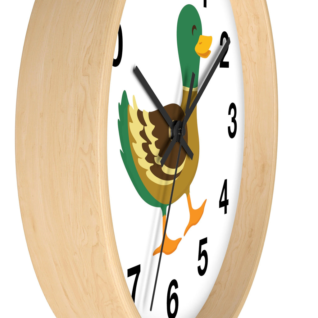 Kids duck silent wood wall clock with a light wood frame and cartoon duck design on a white round face