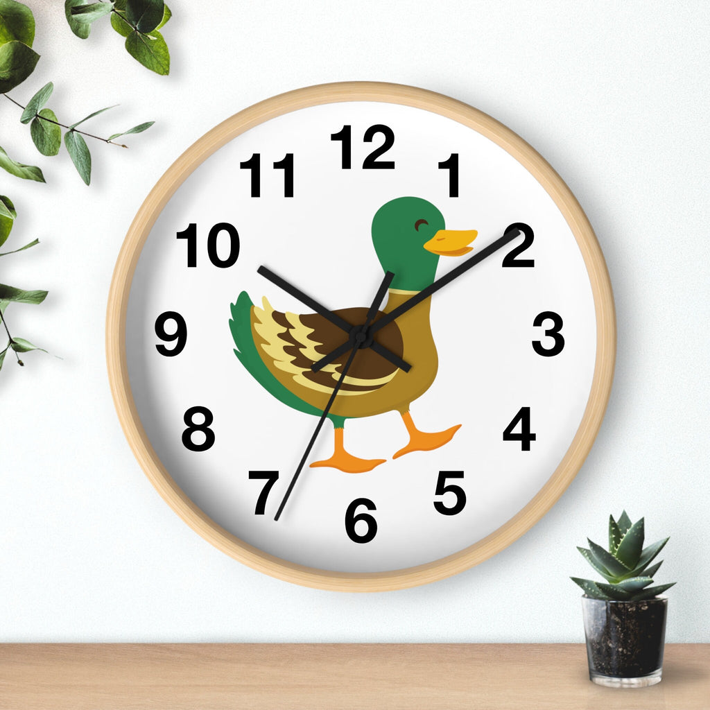 Kids duck silent wood wall clock with round wooden frame and colorful cartoon duck design in green brown and orange