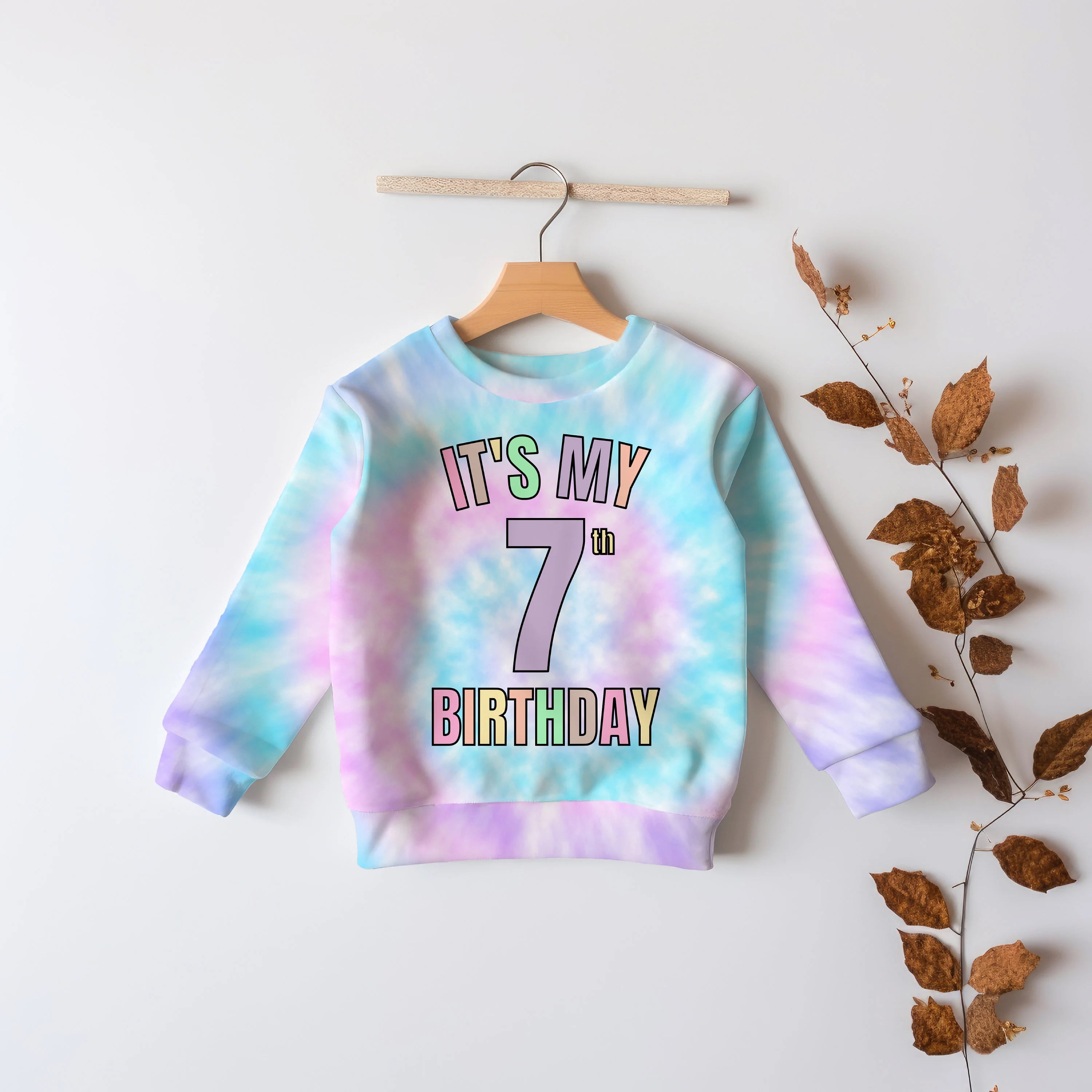 Pastel tie dye girls sweatshirt in cozy cotton fleece with colorful its my 7th birthday print for birthday use