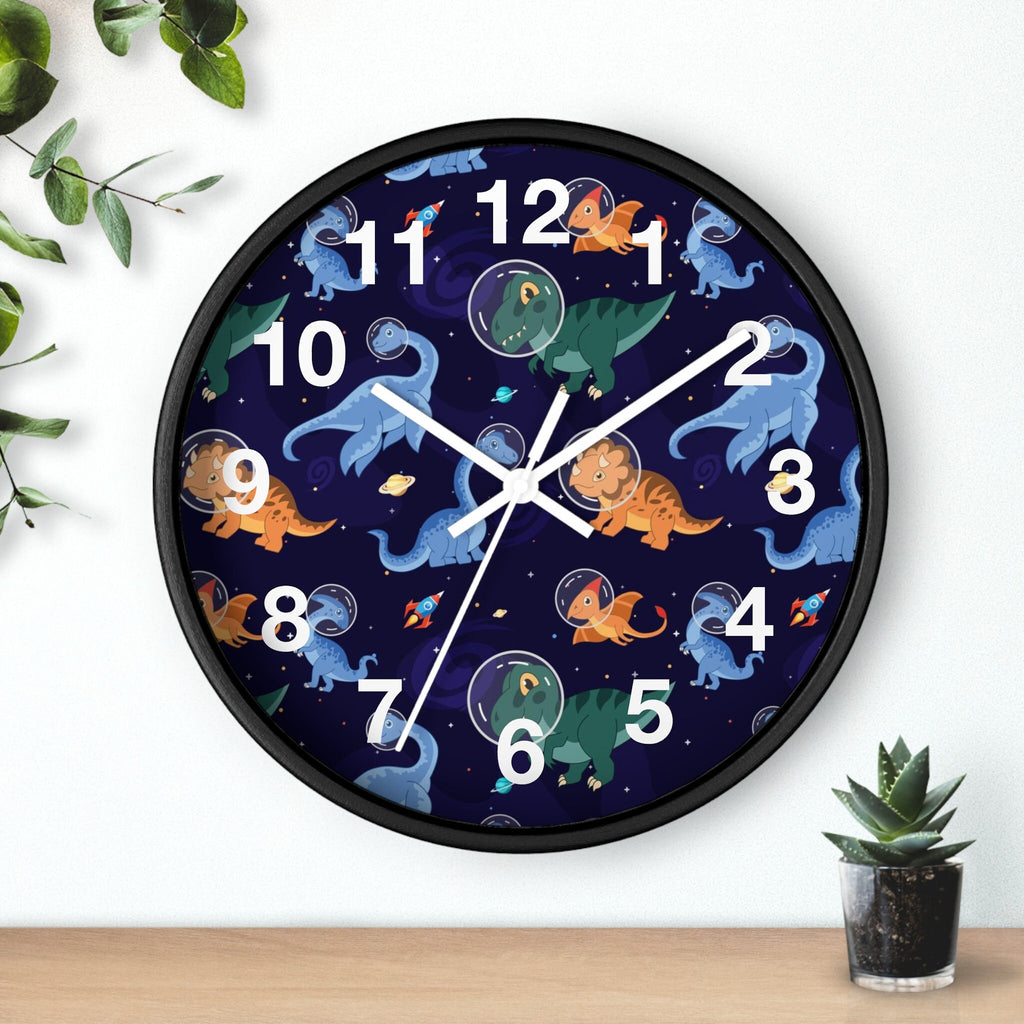 Kids space dinosaur silent wood wall clock with black frame navy blue face and cartoon dinosaurs in space suits