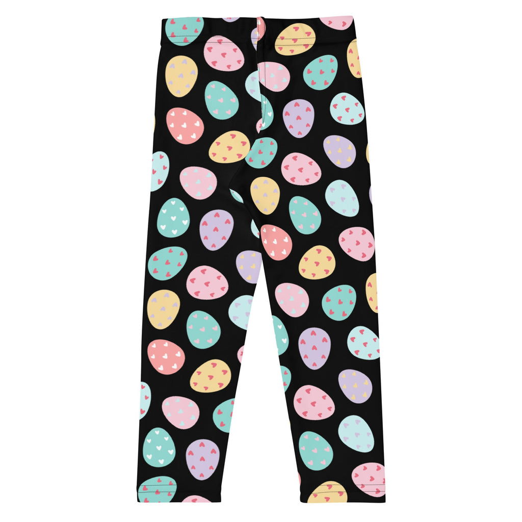 Kids colorful easter egg buttery soft black leggings with pastel pink yellow teal lavender eggs and heart details