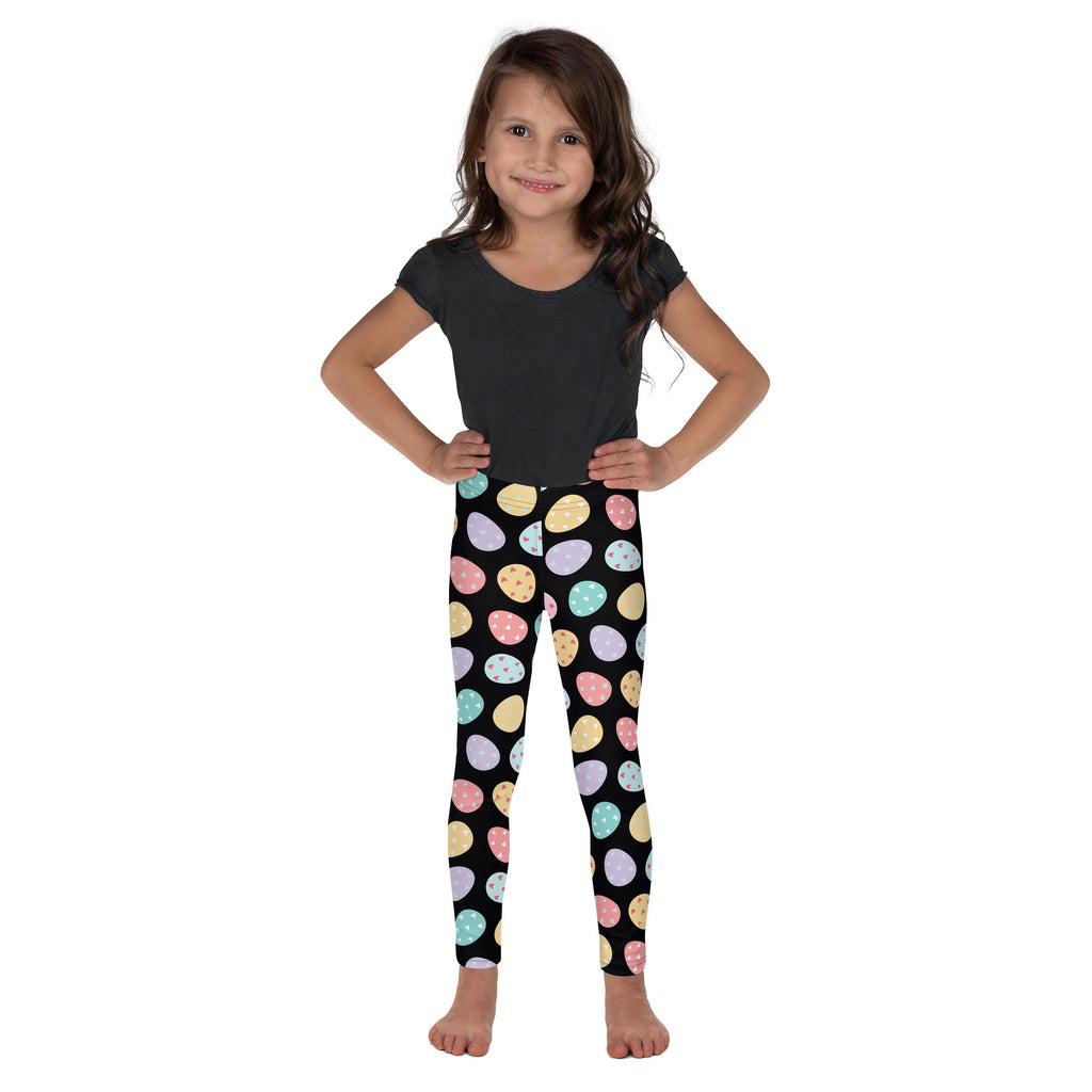 Kids colorful easter egg buttery soft black leggings with pastel pink yellow blue and green egg pattern