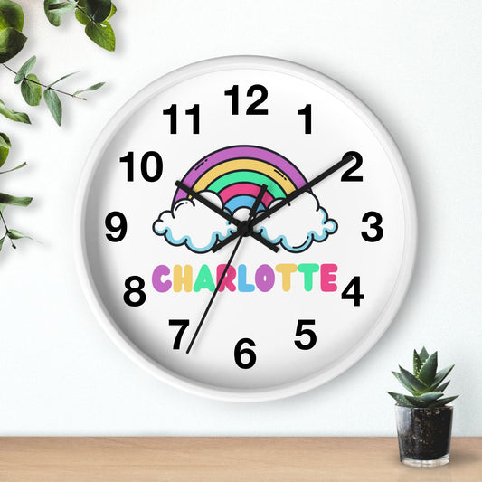 Girls Custom Name Rainbow Silent Wood Wall Clock
