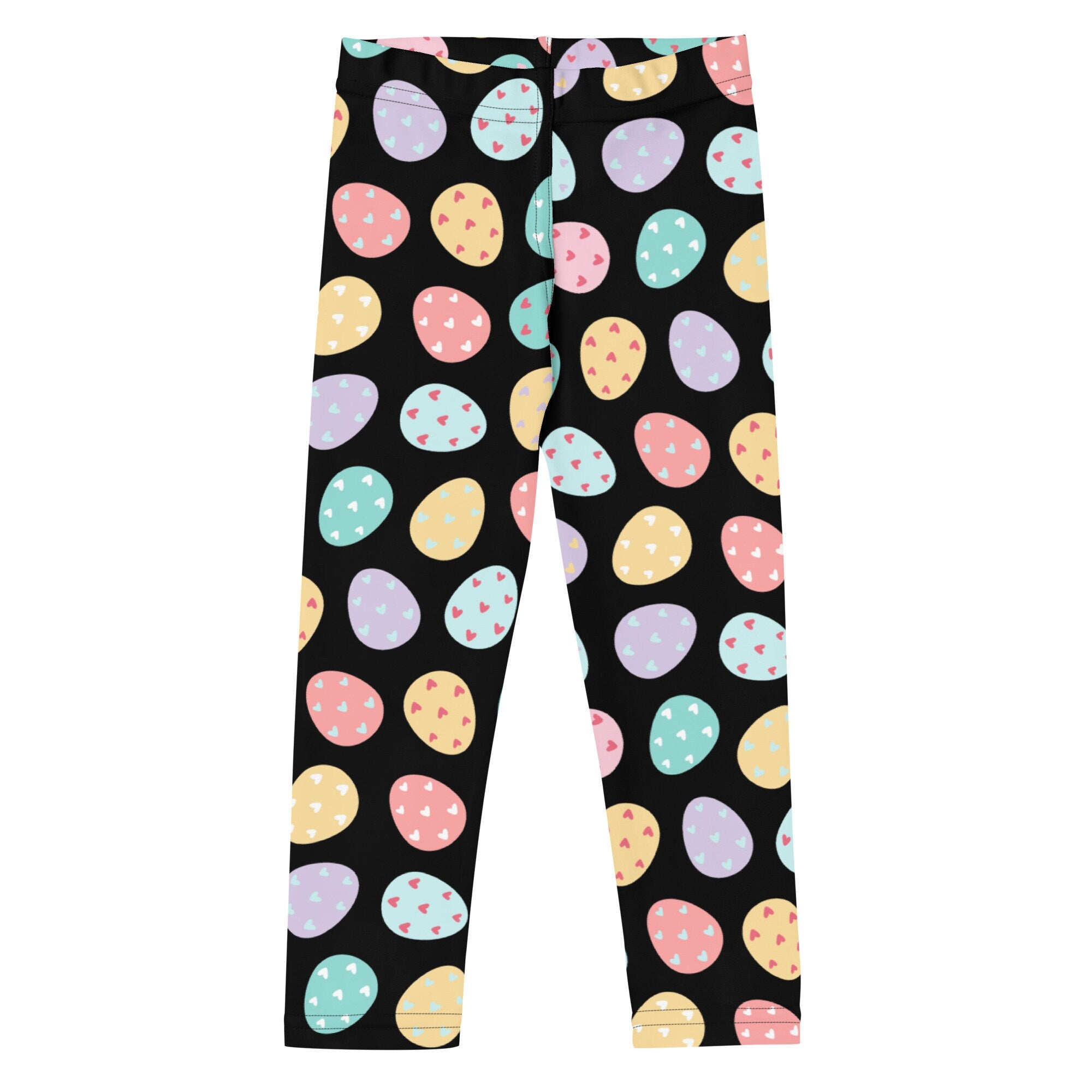Kids colorful easter egg buttery soft black leggings with pastel pink yellow mint green and lavender eggs and heart details
