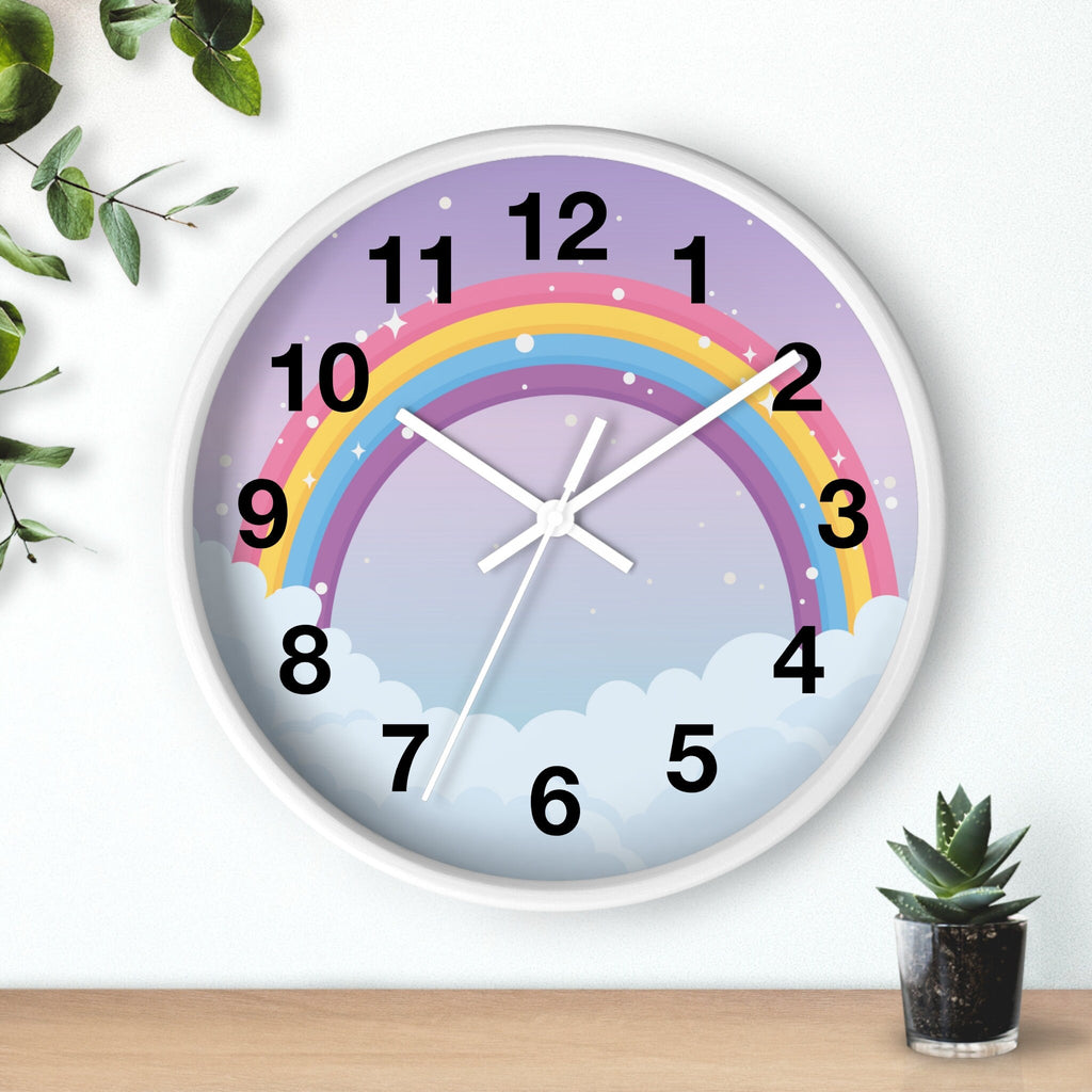 Girls pastel rainbow silent wood wall clock with a white frame colorful rainbow design and black numerals on a pastel background