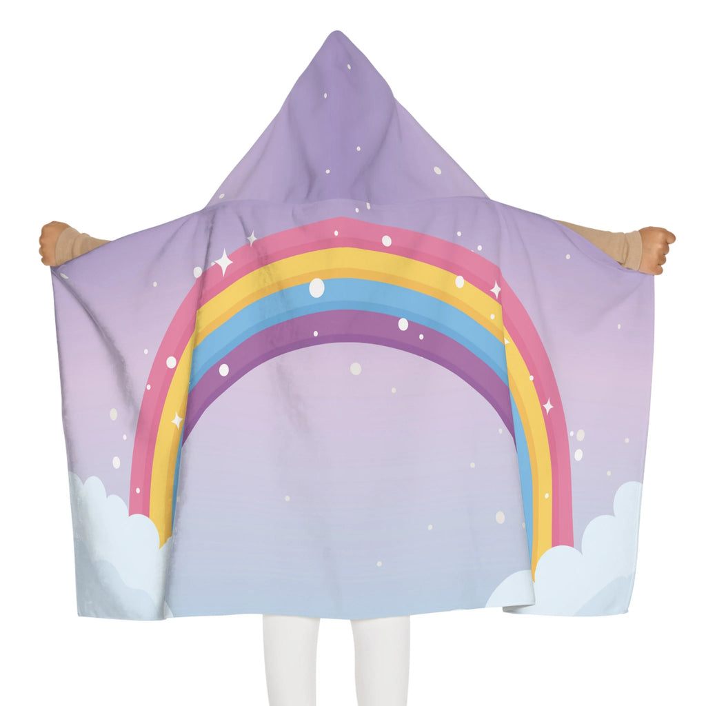 A soft lavender hooded towel for girls featuring a vibrant rainbow with white stars and clouds for bath and beach use