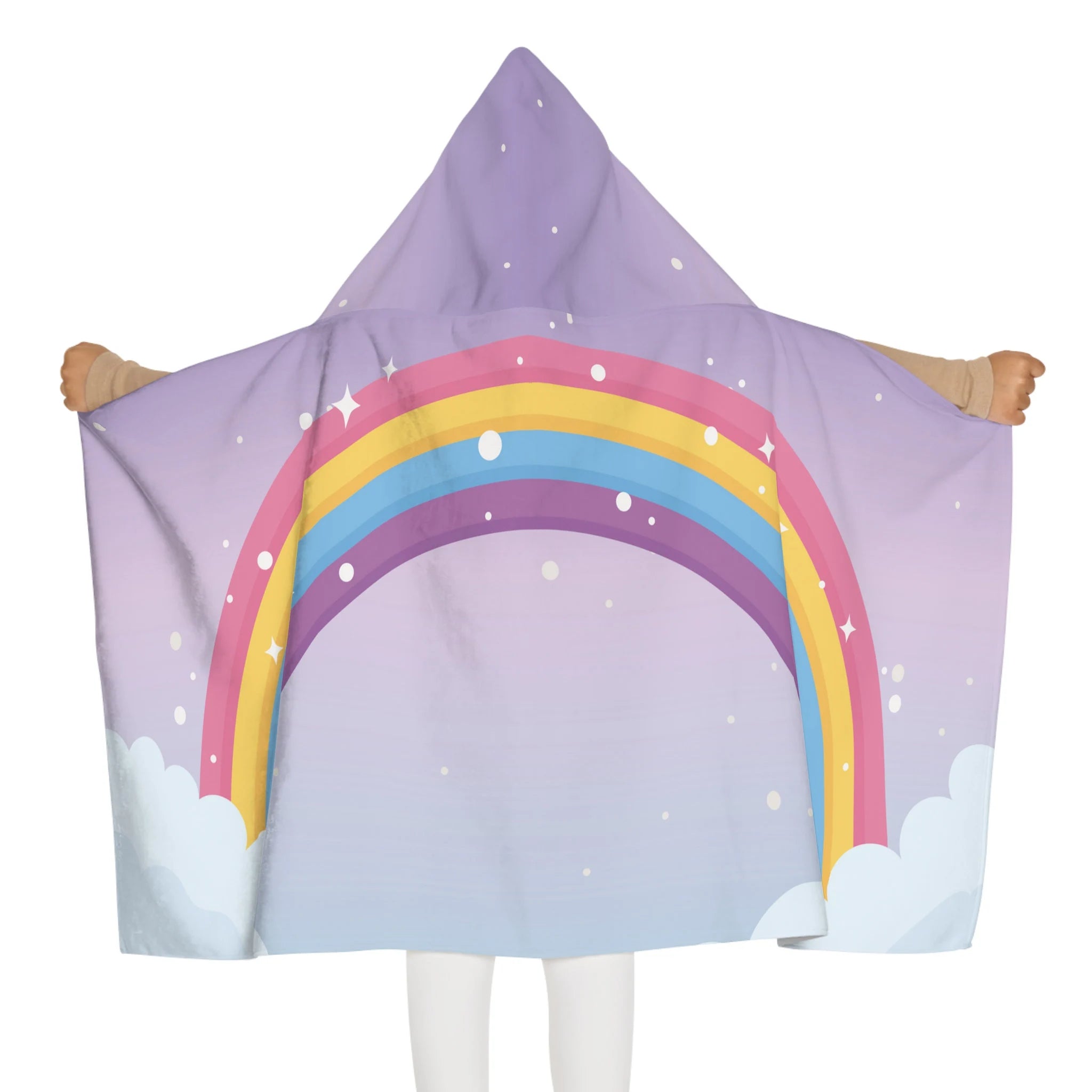 A soft lavender hooded towel for girls featuring a vibrant rainbow with white stars and clouds for bath and beach use