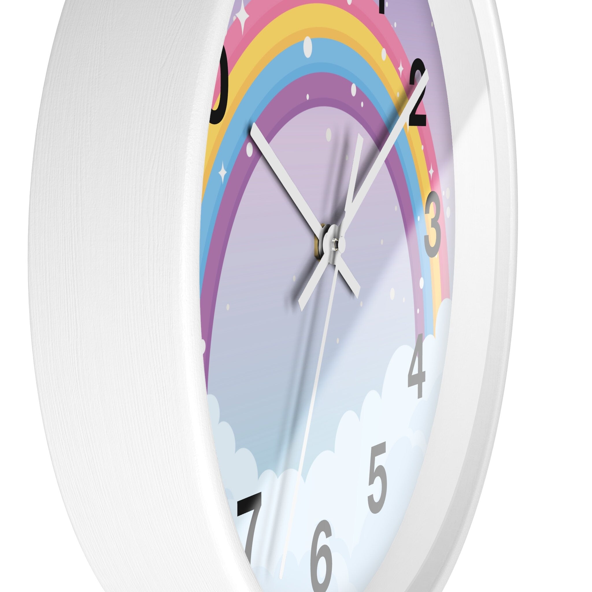 Girls pastel rainbow silent wood wall clock with white frame colorful rainbow pastel clouds and star accents on wall