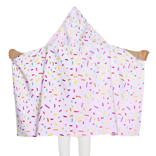 A white hooded blanket with colorful sprinkles pattern soft absorbent girls bath and beach towel wrap