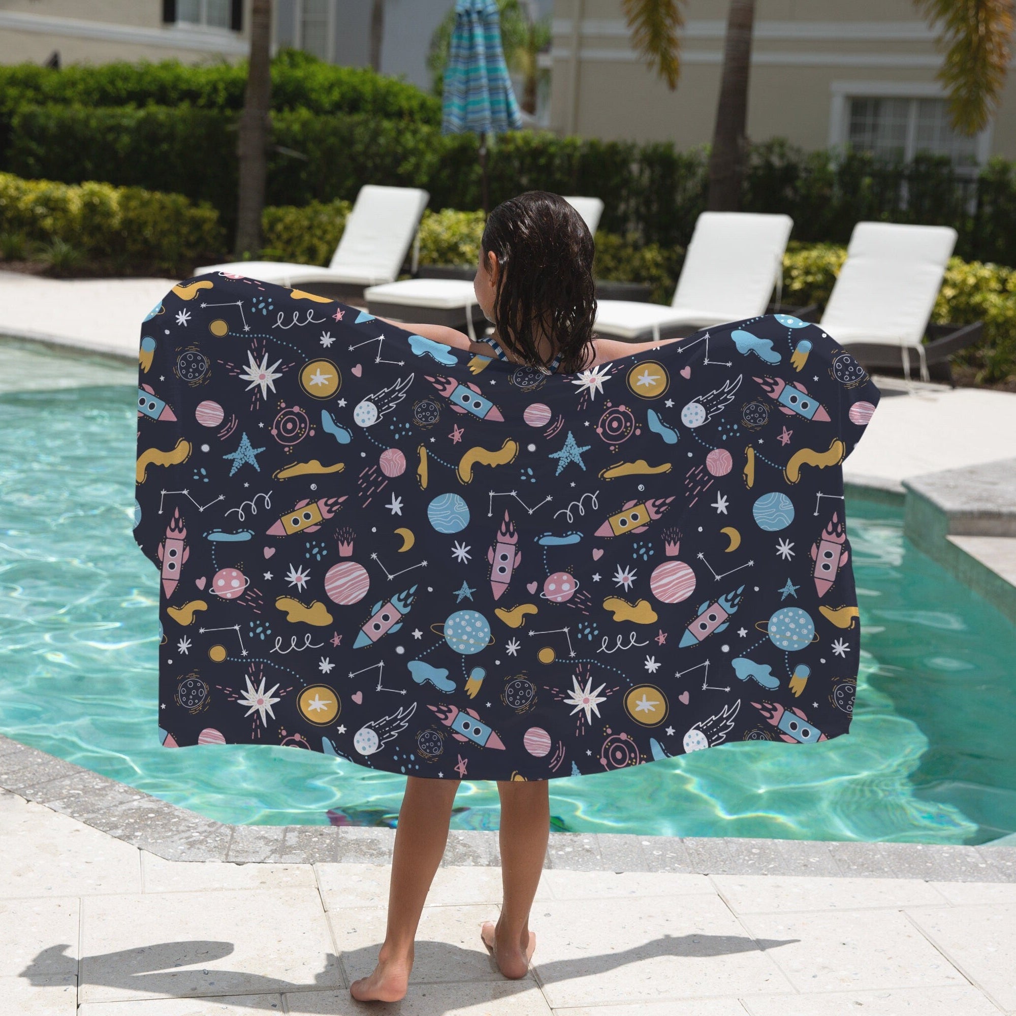 Kids outer space towel navy blue soft cotton beach towel with colorful pastel rockets planets stars and constellations pattern