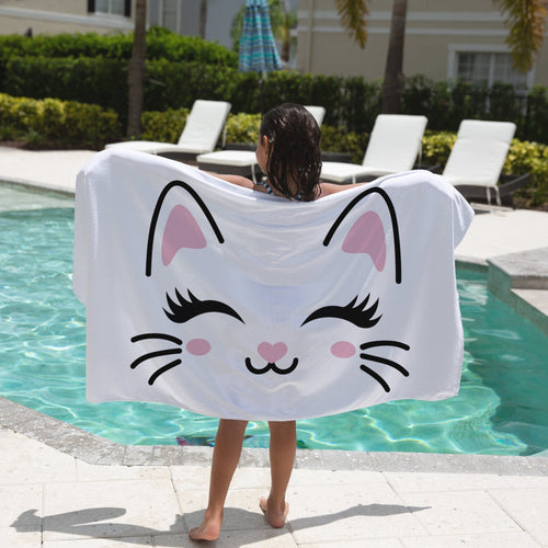 Girls cute cat towel white cotton towel with cartoon cat face pink ears black eyelashes rosy cheeks and heart nose