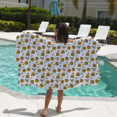 Kids yellow bumblebees towel white cotton towel with yellow and black striped bees and small purple flowers scattered