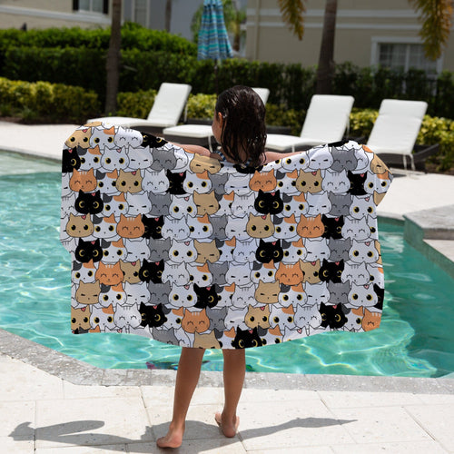 Girls cat towel white beach towel with playful colorful cartoon cats in black orange gray and white pattern
