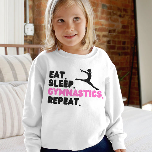 White girls long-sleeved sweatshirt with black and pink eat text cozy activewear for gymnastics enthusiasts