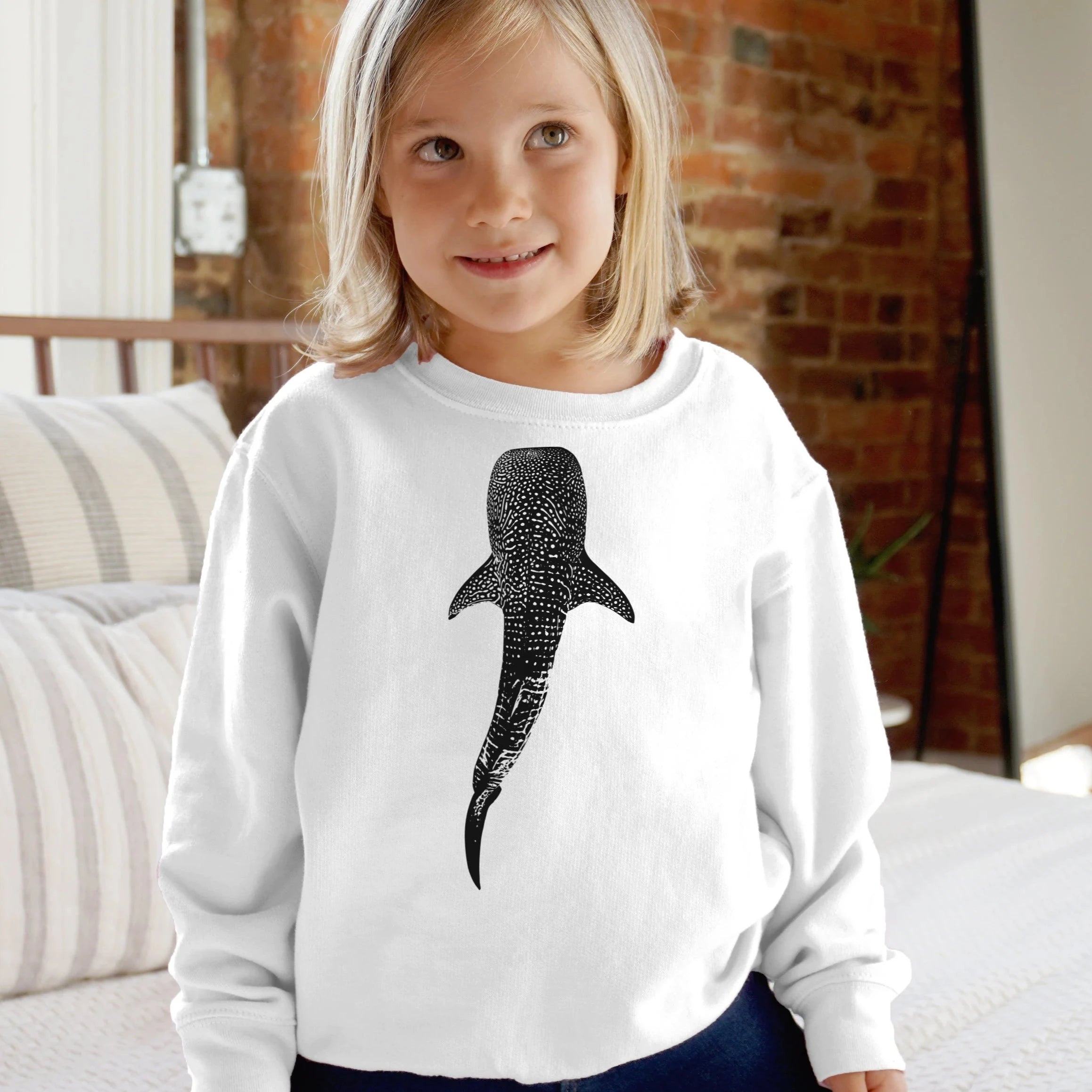 Kids whale shark sweatshirt white long-sleeved cotton shirt with black dotted whale shark graphic on front