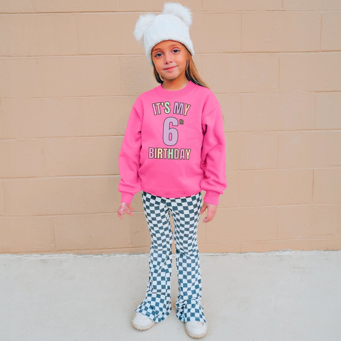 Girls Custom Age Neon Pink Birthday Sweatshirt