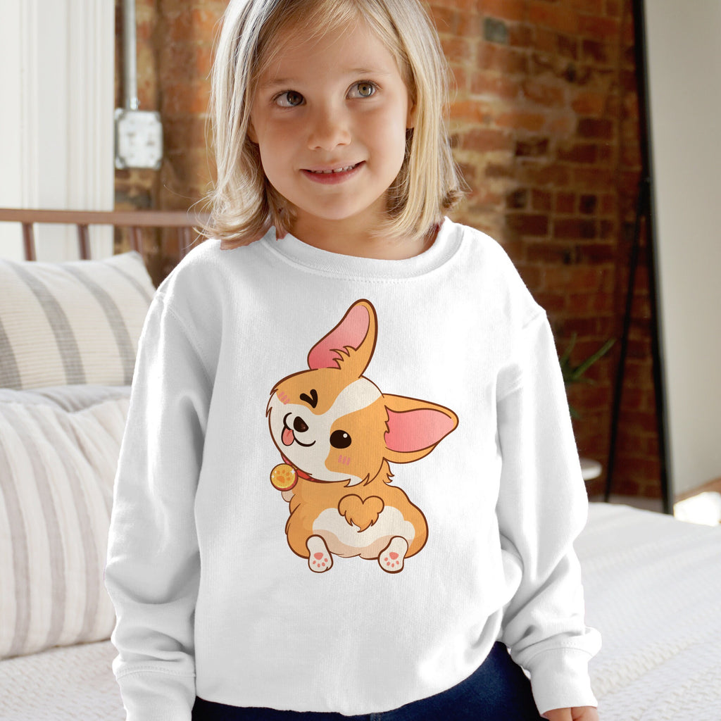 White kids long-sleeved sweatshirt featuring a cute orange and white corgi holding a golden coin design