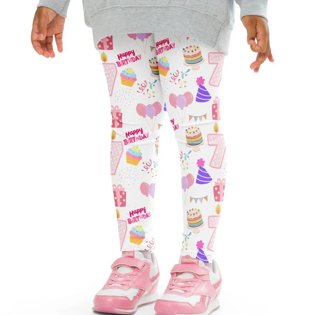 Girls custom age birthday party buttery soft white leggings with colorful cupcakes balloons and number 7 graphics