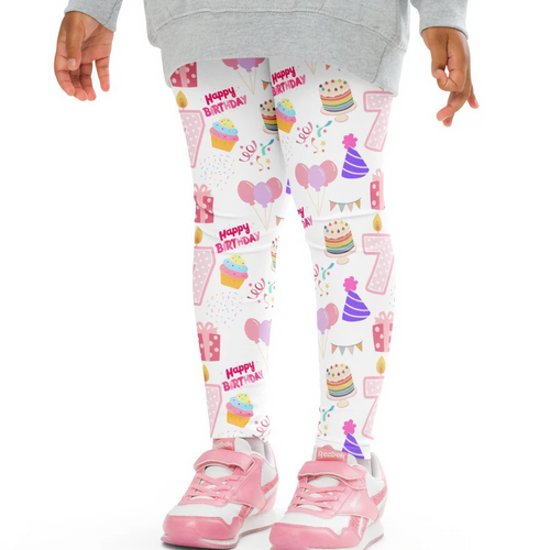 Girls custom age birthday party buttery soft white leggings with colorful cupcakes balloons and number 7 graphics