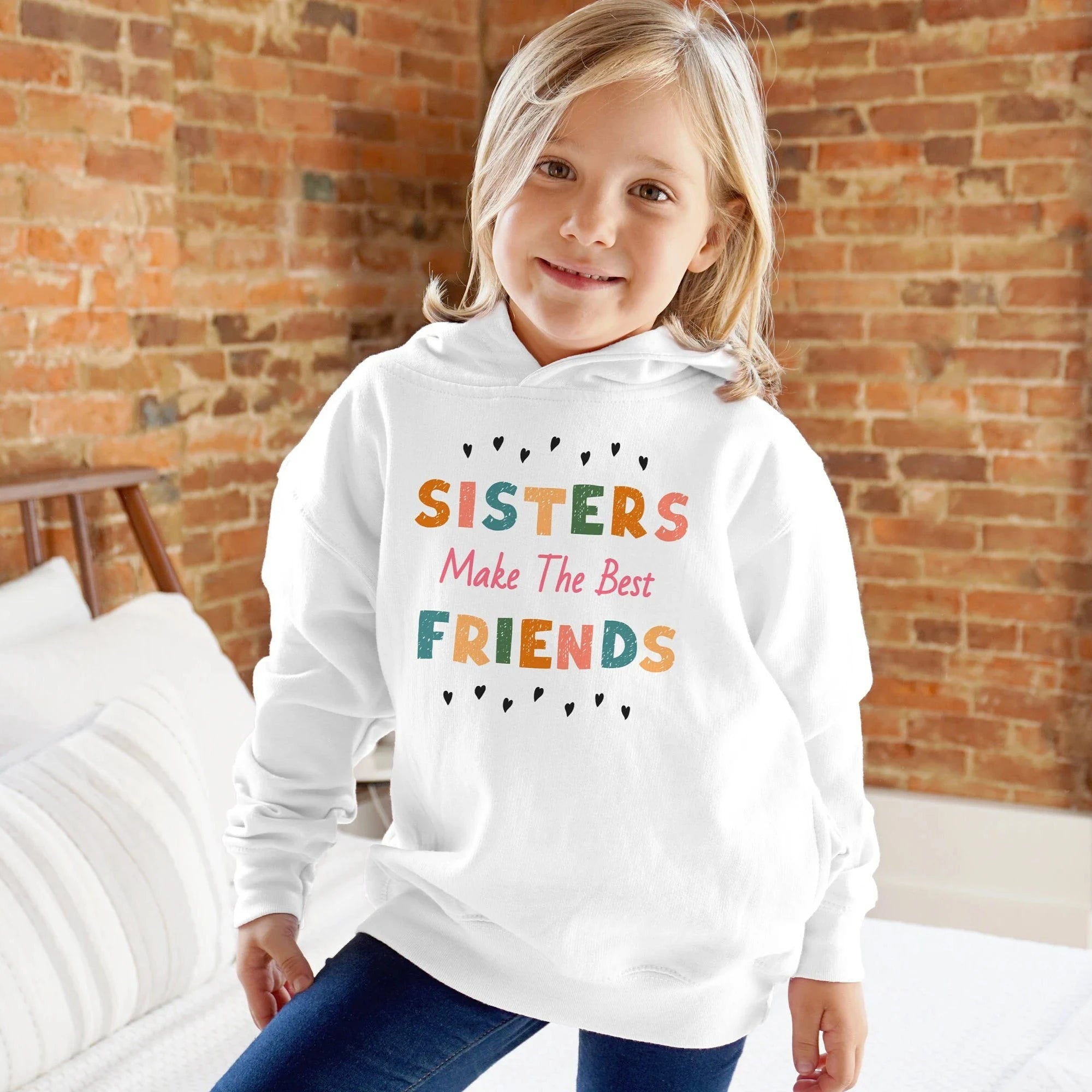 White girls hoodie with sisters make the best friends colorful playful lettering and black heart outlines design