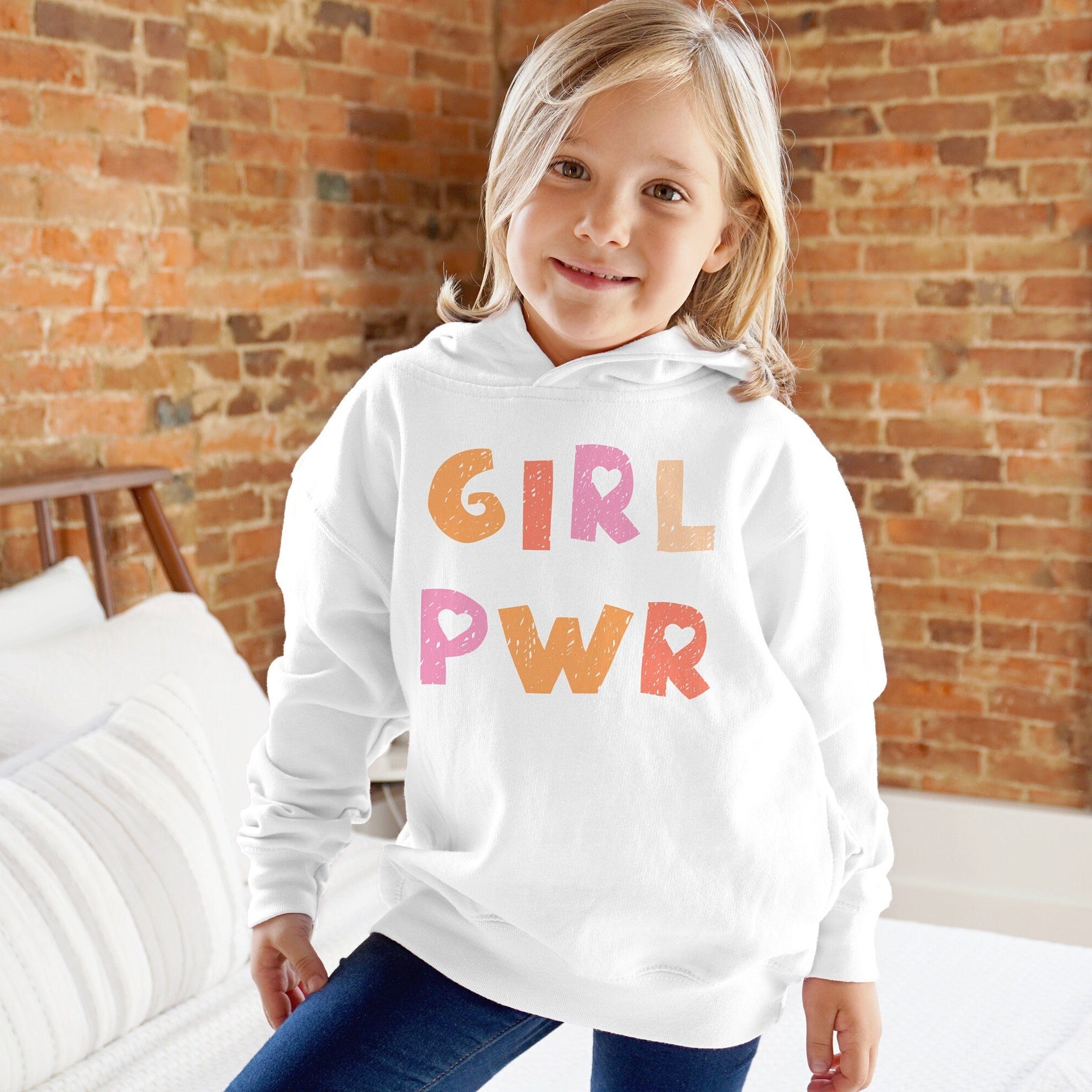 White girl power kids hoodie with colorful distressed pink and orange print made from soft cotton blend material